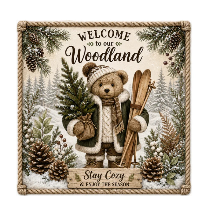 A wintry bear on a rustic Christmas decoration sign