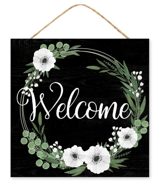 10"SQ WELCOME FLORAL WREATH SIGN - Burlap and Bling Decor