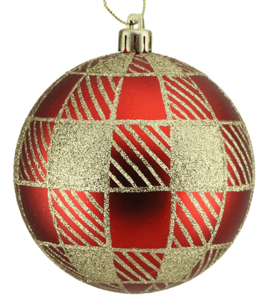120MM STRIPED CHECK BALL MATTE RED W/ GOLD - Burlap and Bling Decor