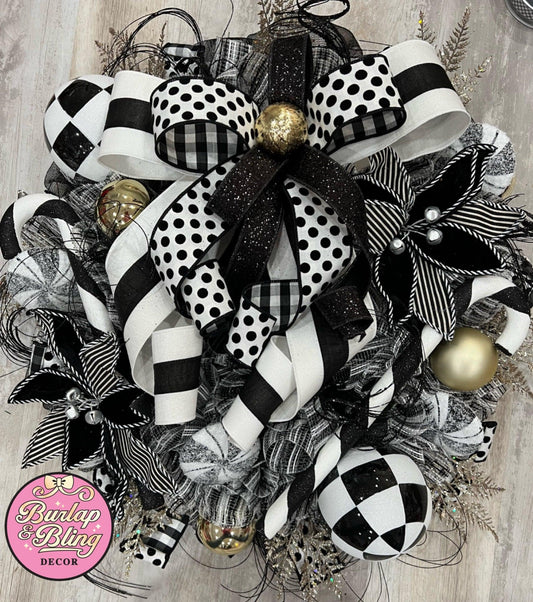 Black and White Decor Wreath - Burlap and Bling Decor